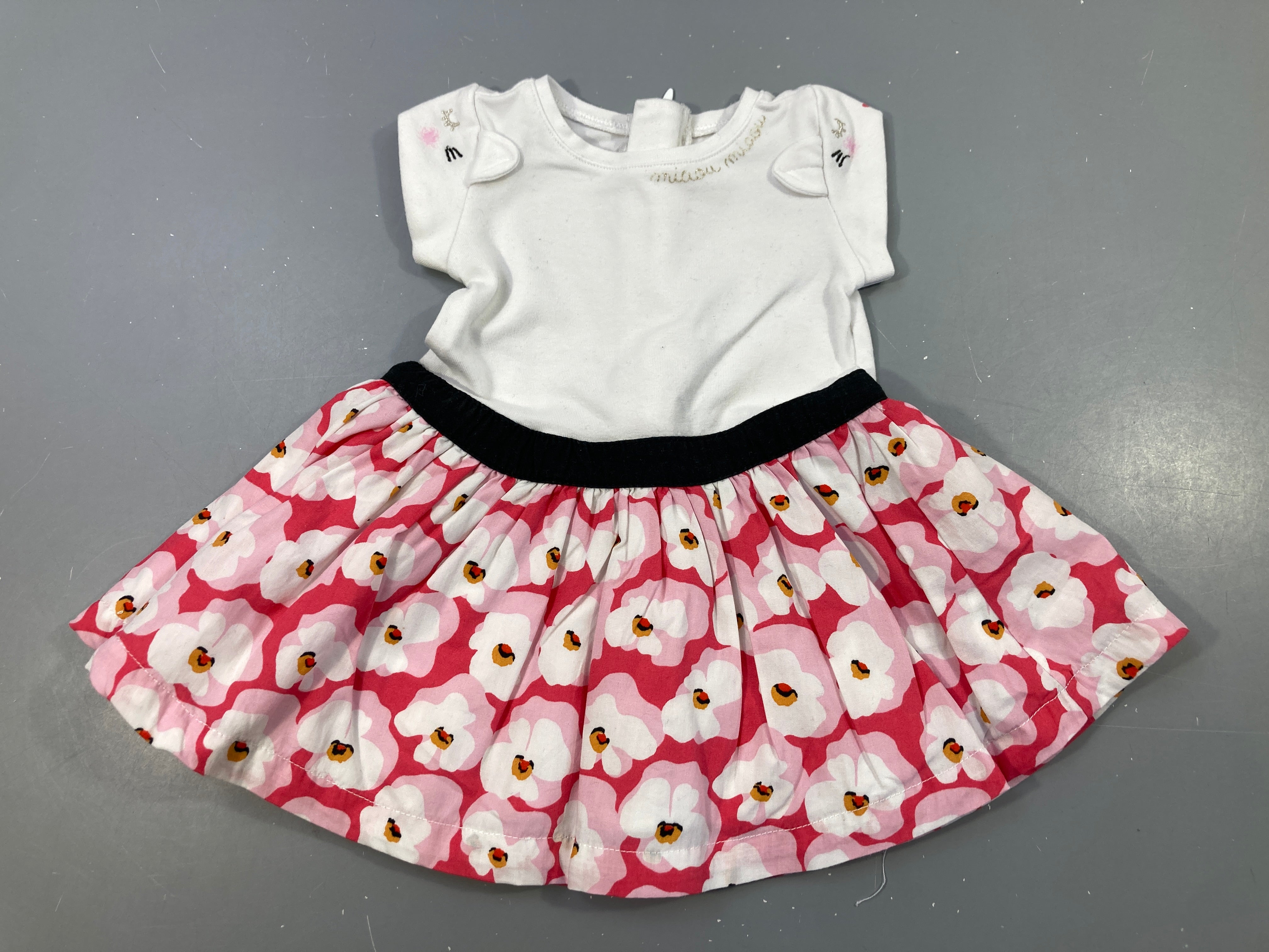 Robe m.c bi-matière jersey blanc haut légèrement bouloché:bac coton rose fleuri blanc