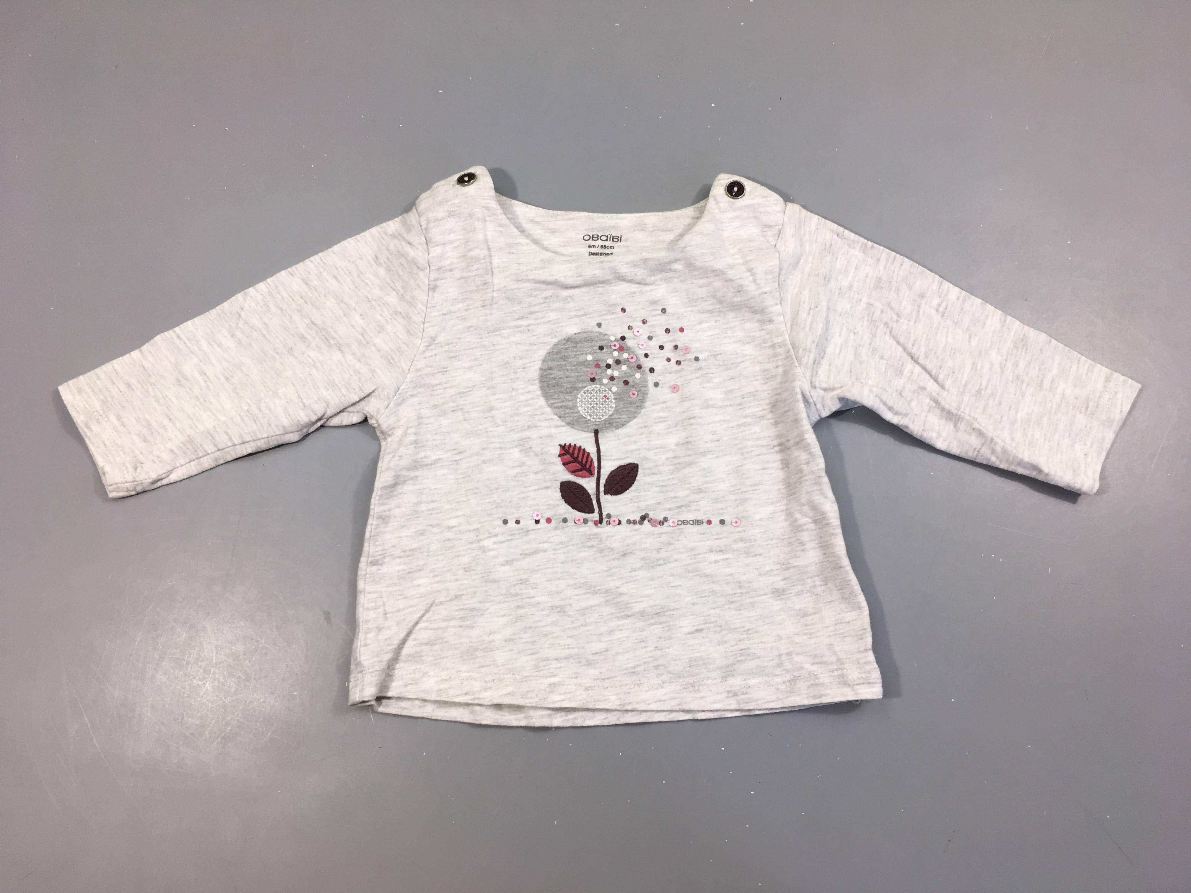 T-shirt m.l gris chiné fleurs sequins