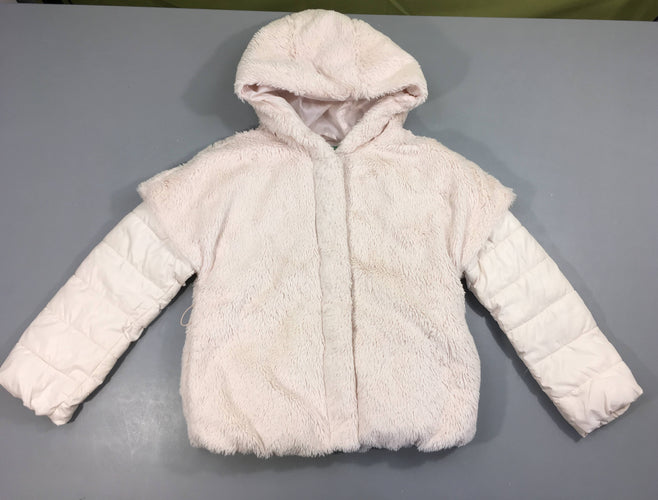 Veste fausse fourrure rose pâle effet superposé à capuche, moins cher chez Petit Kiwi
