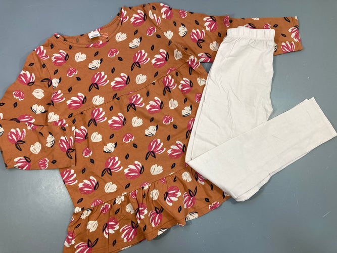 Pyjama 2pcs jersey orange fleurs, légèrement bouloché et taché, moins cher chez Petit Kiwi