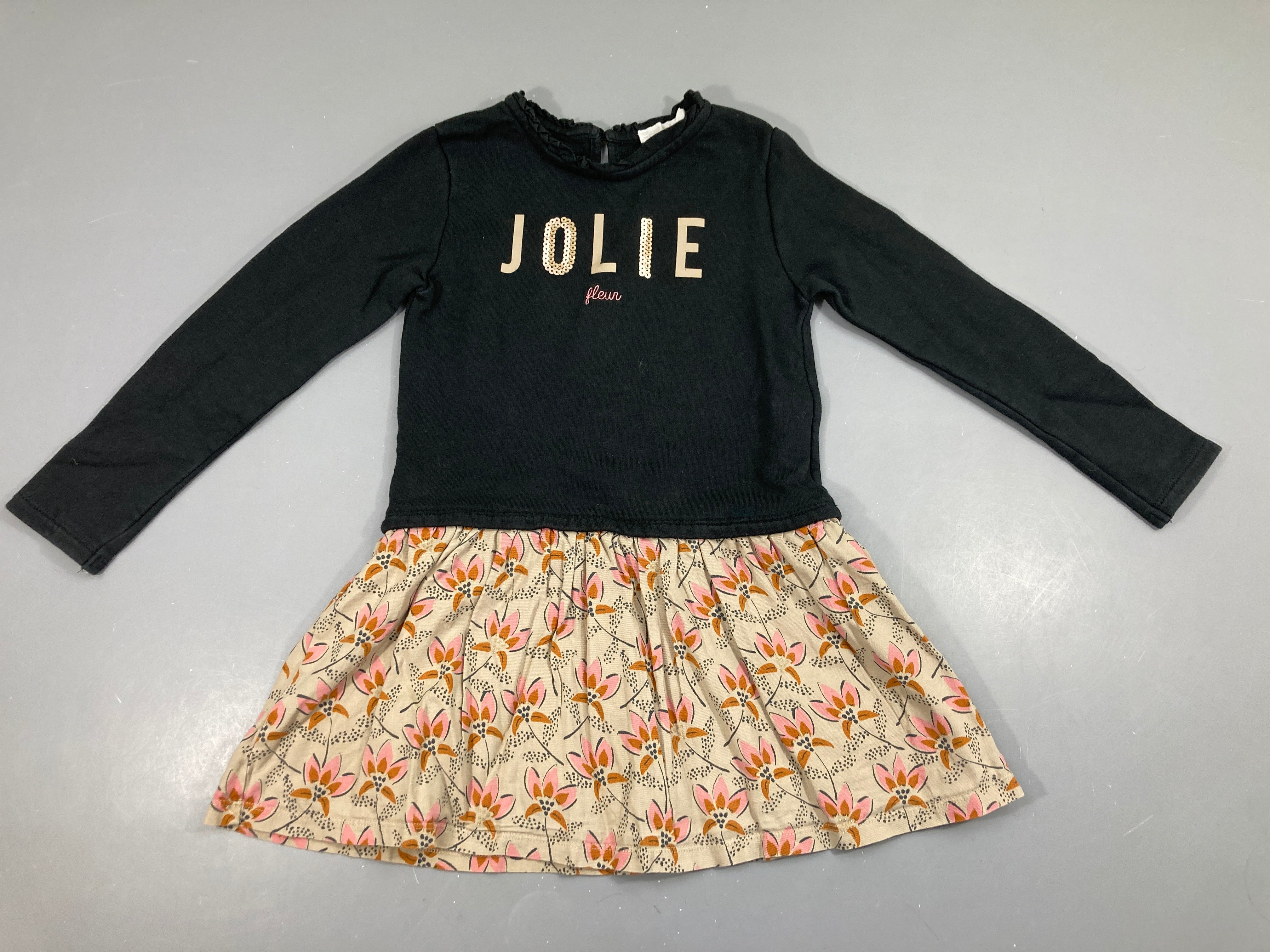 Robe m.l molleton bleu marine Jolie sequins bas cton beige fleurs