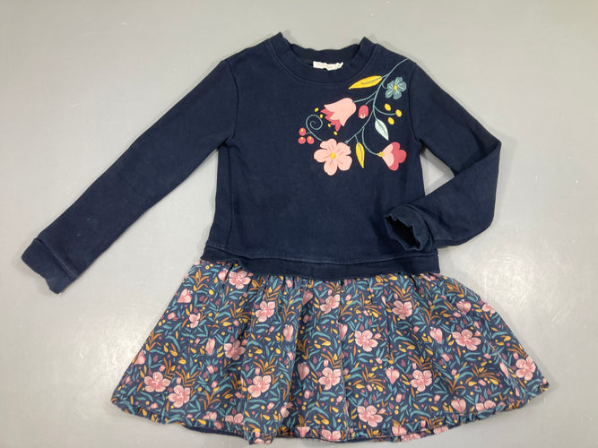 Robe m.l molleton bleu marine fleurs brodées bas coton bleu délavé fleurs, moins cher chez Petit Kiwi