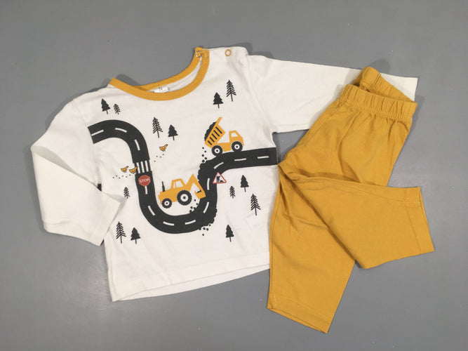 Pyjama 2pcs jersey blanc/moutarde chantier Légèrement bouloché, moins cher chez Petit Kiwi