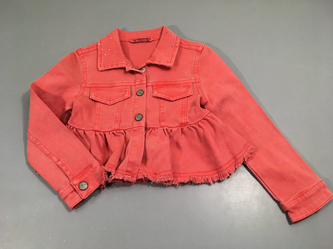 Veste courte  m.l  jeans rouge, volant bas, moins cher chez Petit Kiwi