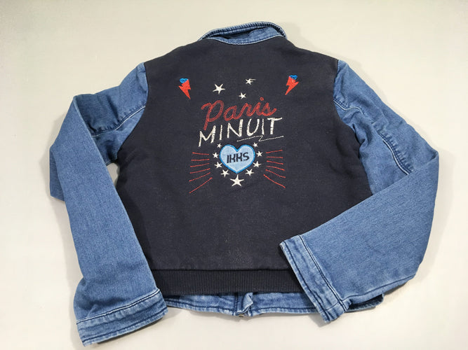 Blouson zippé jeans bleu, dos molleton bleu foncé, paris minuit, moins cher chez Petit Kiwi