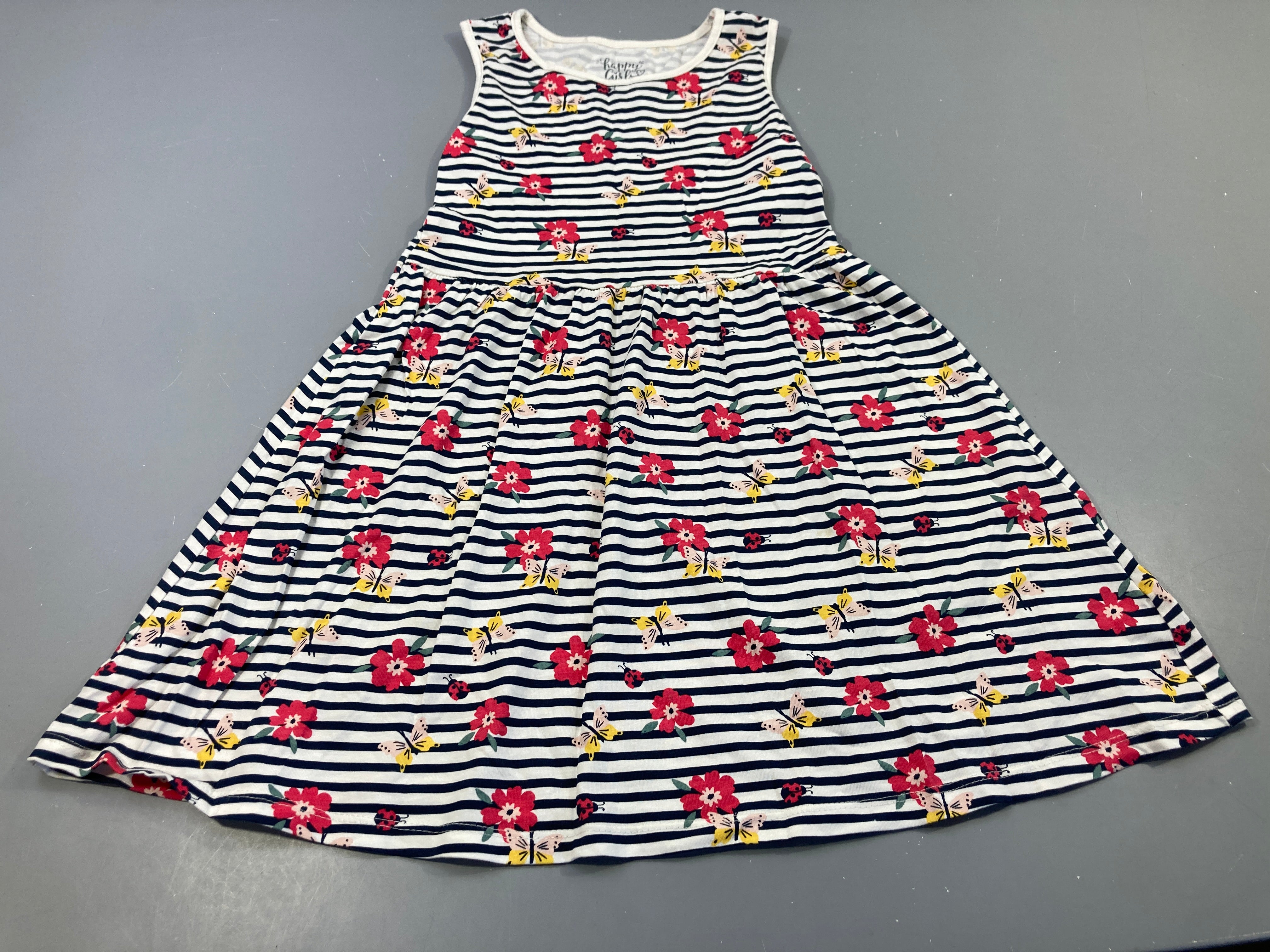 Robe s.m blanche rayé bleu marine  motifs papillons, fleurs, ,,, Une tache sur le dessous