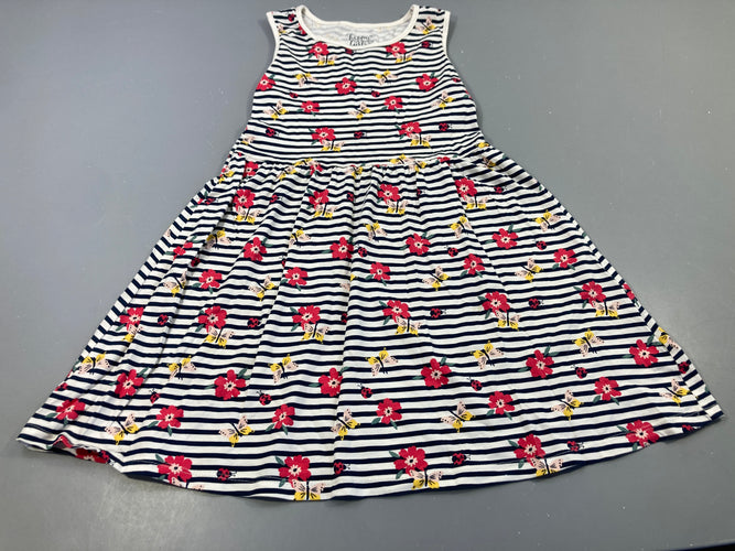Robe s.m blanche rayé bleu marine  motifs papillons, fleurs, ,,, Une tache sur le dessous, moins cher chez Petit Kiwi
