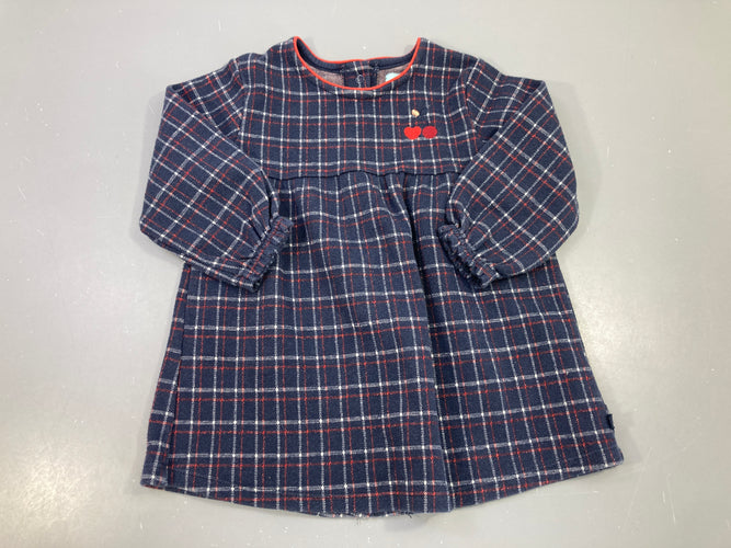 Robe m.l molleton bleu foncé carreaux rouge/blanc cerises, légèrement bouloché, moins cher chez Petit Kiwi