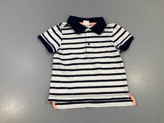Polo m.c jersey blanc rayé bleu foncé légèrement bouloché, moins cher chez Petit Kiwi