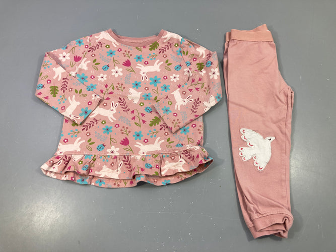 Pyjama 2pcs jersey rose lapins fleuries, moins cher chez Petit Kiwi
