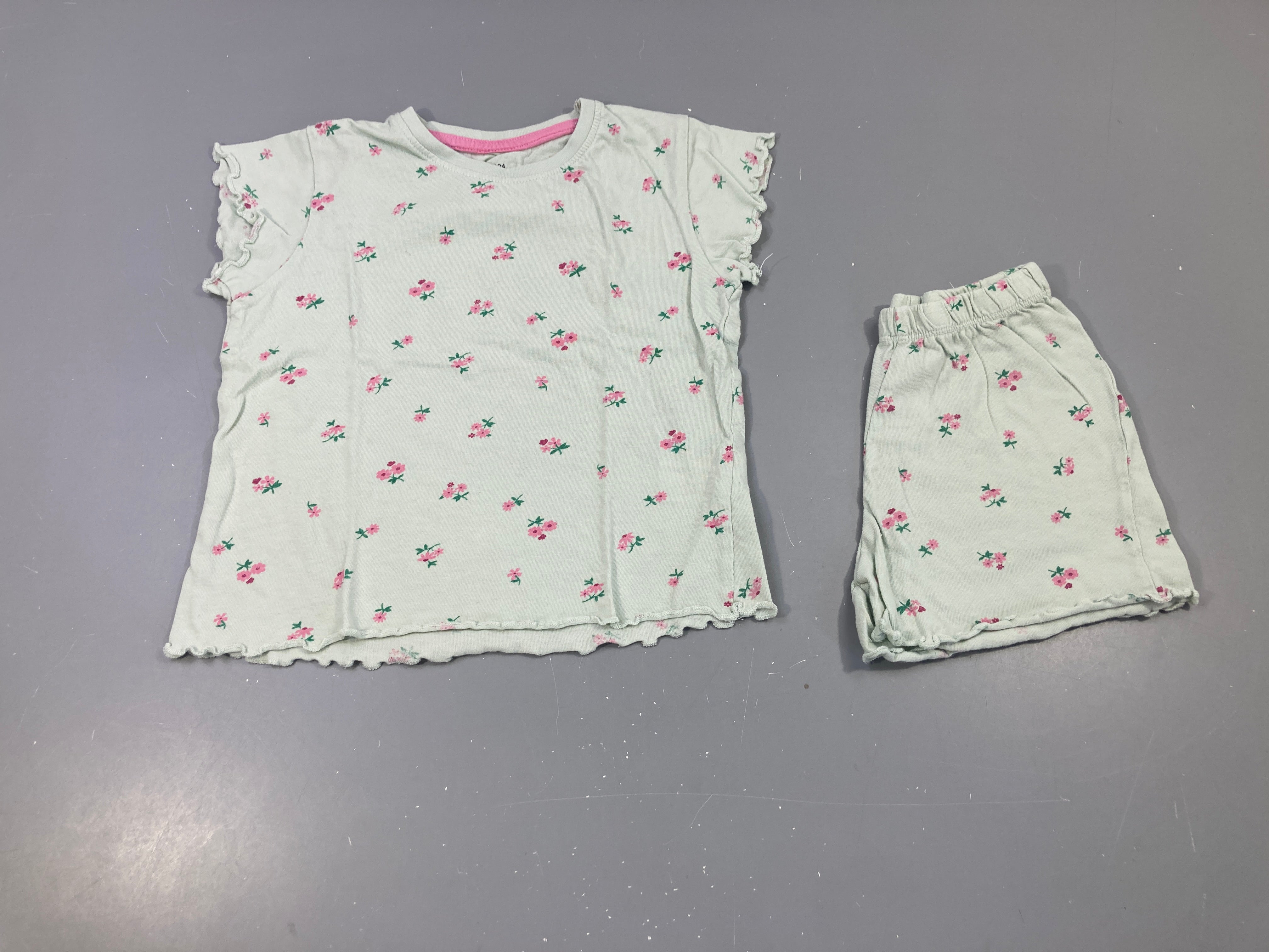 Pyjashort 2pcs jersey bleu clair fleuri, légèrement bouloché