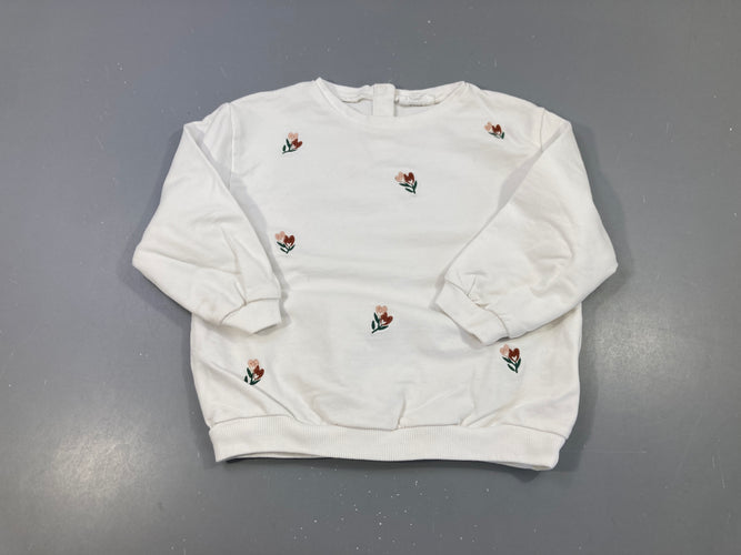 Sweat blanc broderies fleurs, tache manche droite, moins cher chez Petit Kiwi
