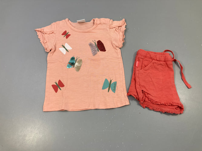 T-shirt m.c rose papillons sequins + short orange, moins cher chez Petit Kiwi