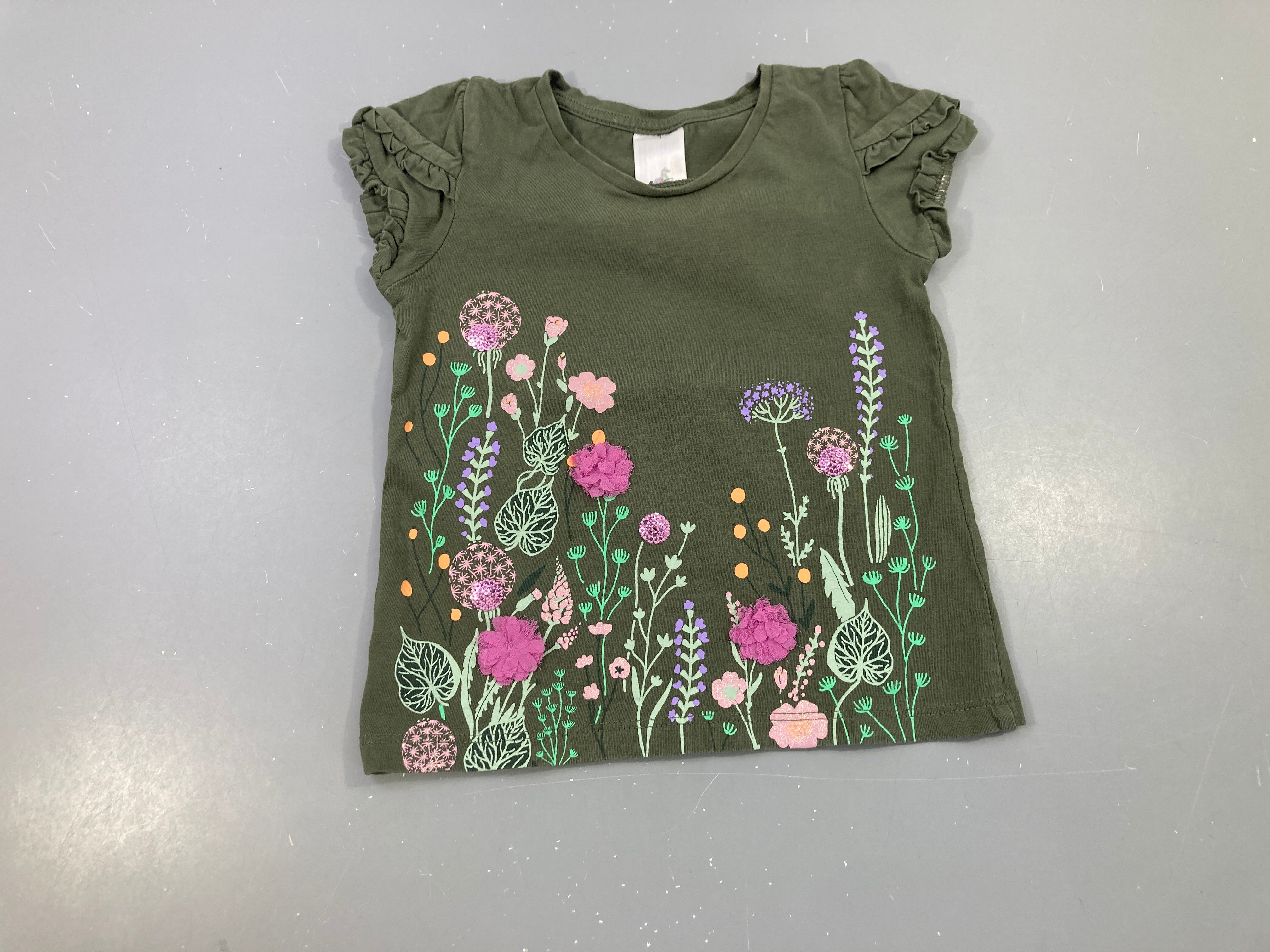 T-shirt m.c kaki fleuri sequins