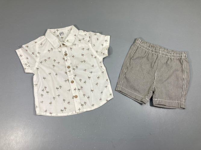 Chemise m.c blanche palmiers  + short rayé, moins cher chez Petit Kiwi