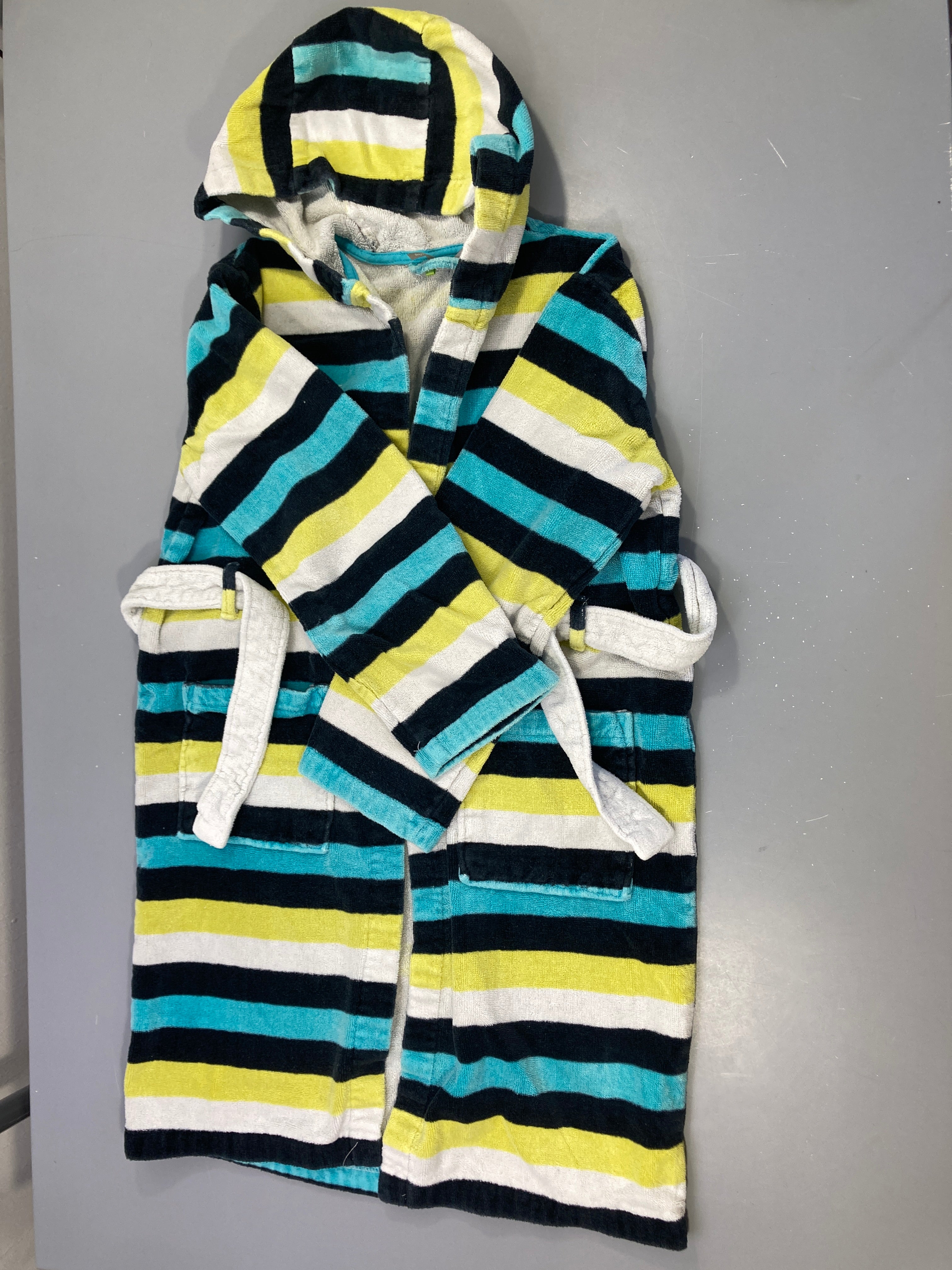 Peignoir de bain éponge rayé vert/bleu/noir à capuche