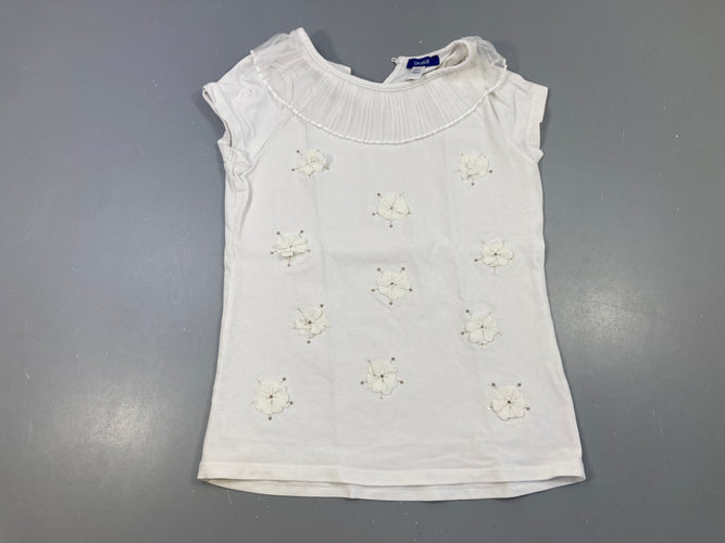 T-shirt m.c blanc fleurs texturées sequins col tulle, moins cher chez Petit Kiwi