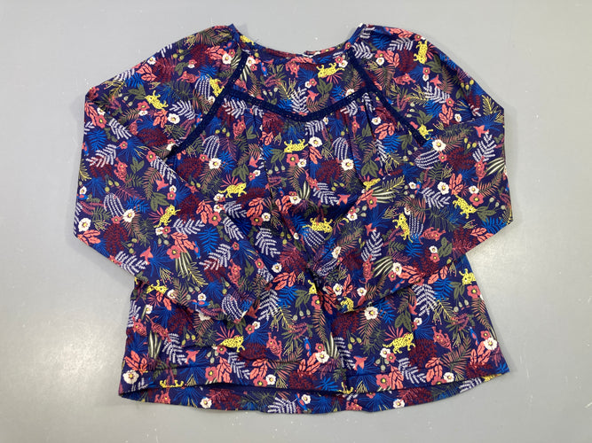 Blouse bleue félins fleurs, moins cher chez Petit Kiwi