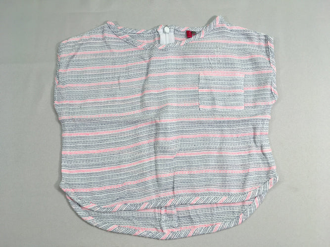 Blouse courte m.c blanche rayé bleu marine/rose, moins cher chez Petit Kiwi
