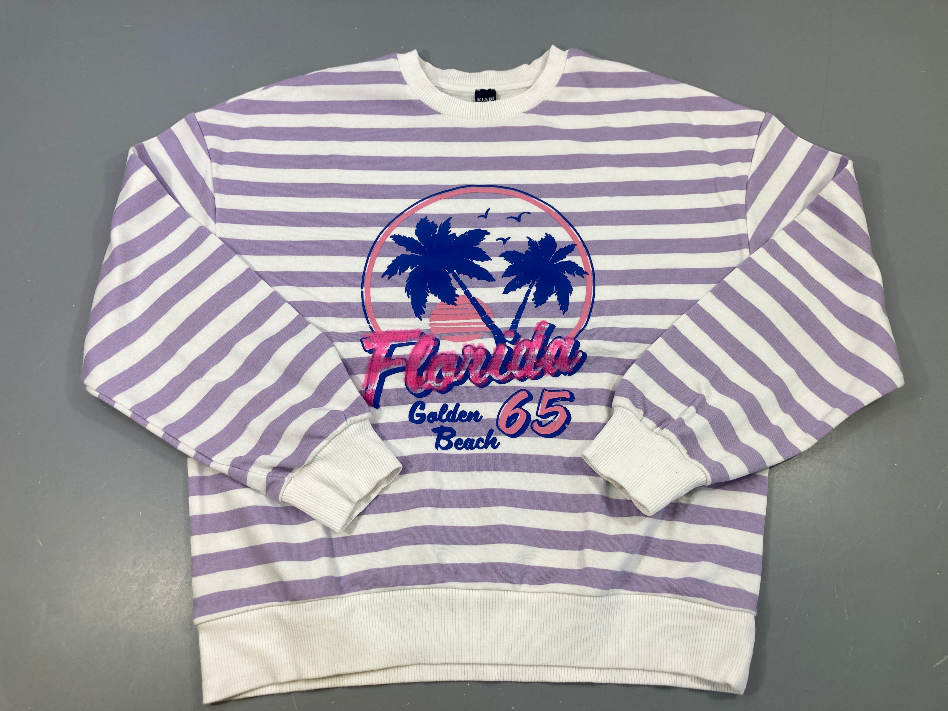 Sweat blanc rayé mauve palmier Florida sequins