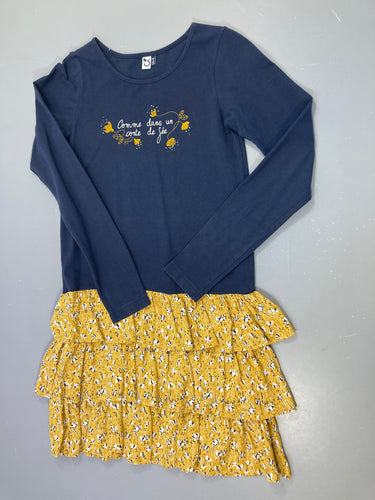 Robe m.l bi-matière jersey bleu foncé conte de fée - bas jaune  à volants, moins cher chez Petit Kiwi