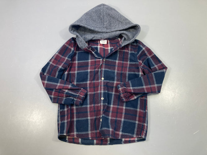 Chemise m.l velours à carreaux bleu foncé-bordeau-gris à capuche molletonnée, moins cher chez Petit Kiwi