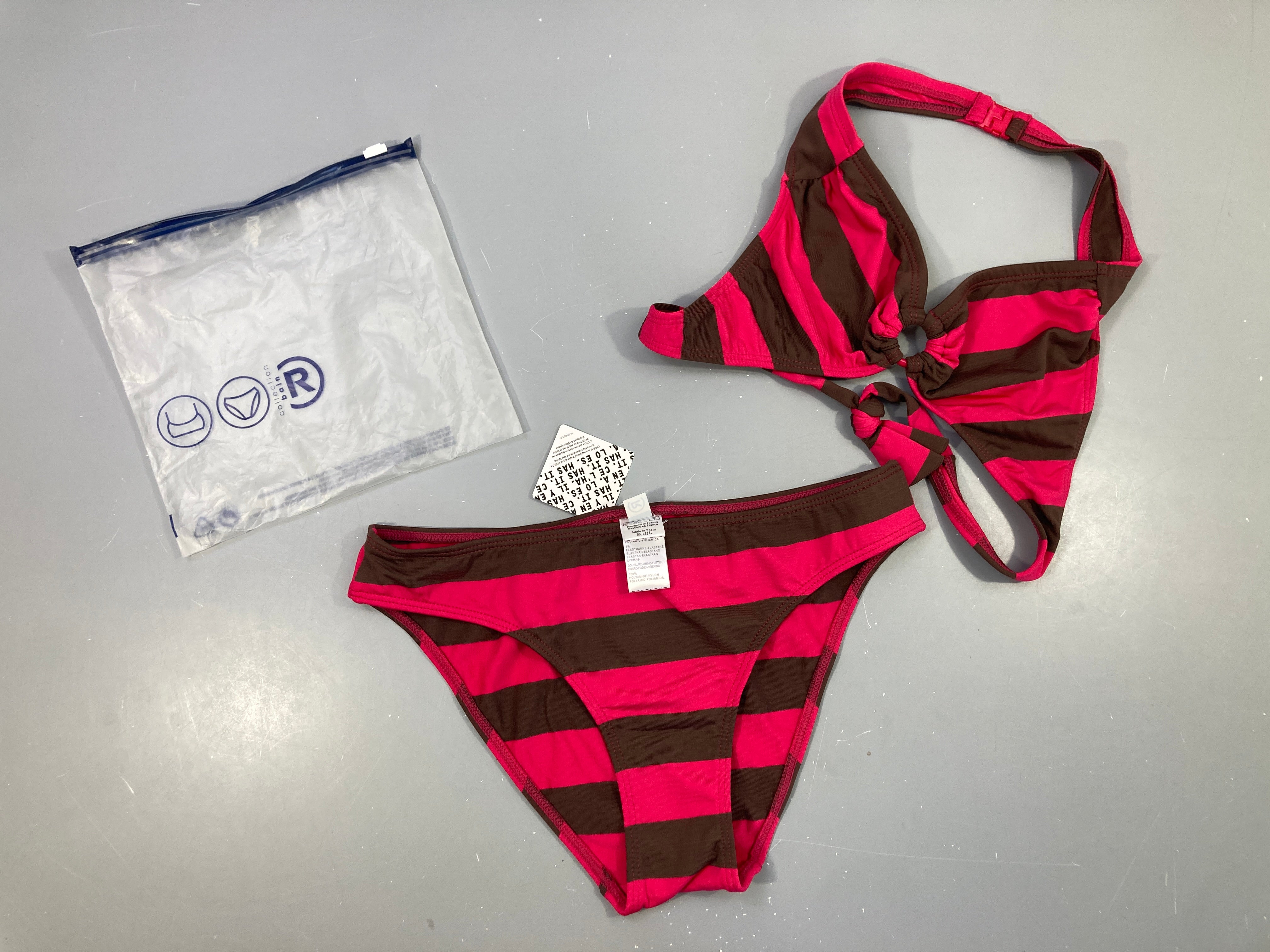 Neuf-Bikini rose rayé brun