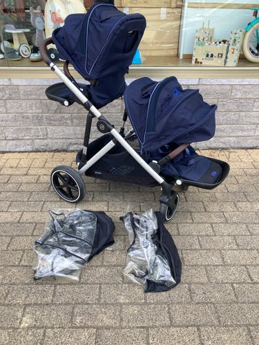 Poussette double Cybex Gazelle S bleu marine + 2 Habillages de pluie-23 configurations d'installation possibles (voir photo), en mono ou en double., moins cher chez Petit Kiwi