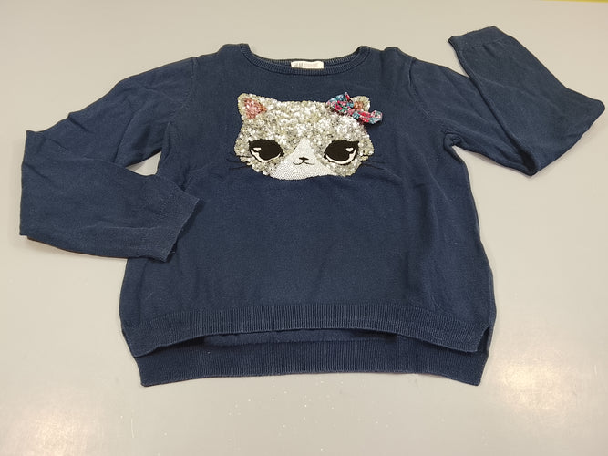 Pull bleu marine , tête de chat en sequins argentés + petit noeud, moins cher chez Petit Kiwi
