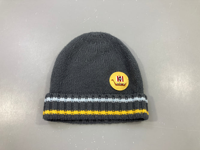 Bonnet gris lignes bleu et jaune, écusson bâteau pirate T3, moins cher chez Petit Kiwi