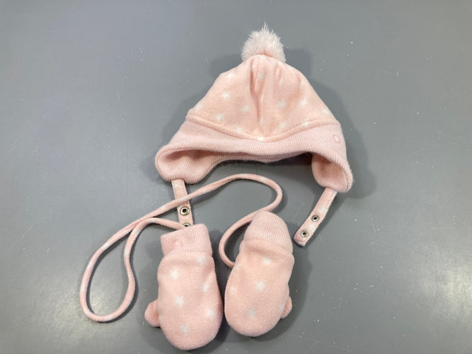 Ensemble bonnet et moufles en velours rose étoiles blanches , intérieur moutonné, moins cher chez Petit Kiwi