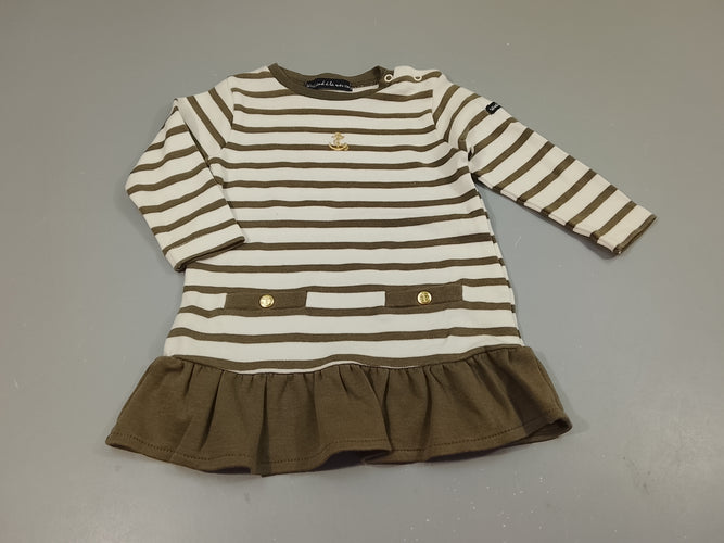 Robe m.l  en molleton  blanc rayé kaki, ancre dorée, moins cher chez Petit Kiwi