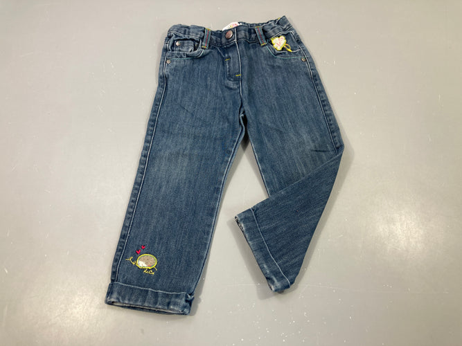 Pantalon denim , déco nuage "La Cie", hérisson sur le dessous, moins cher chez Petit Kiwi