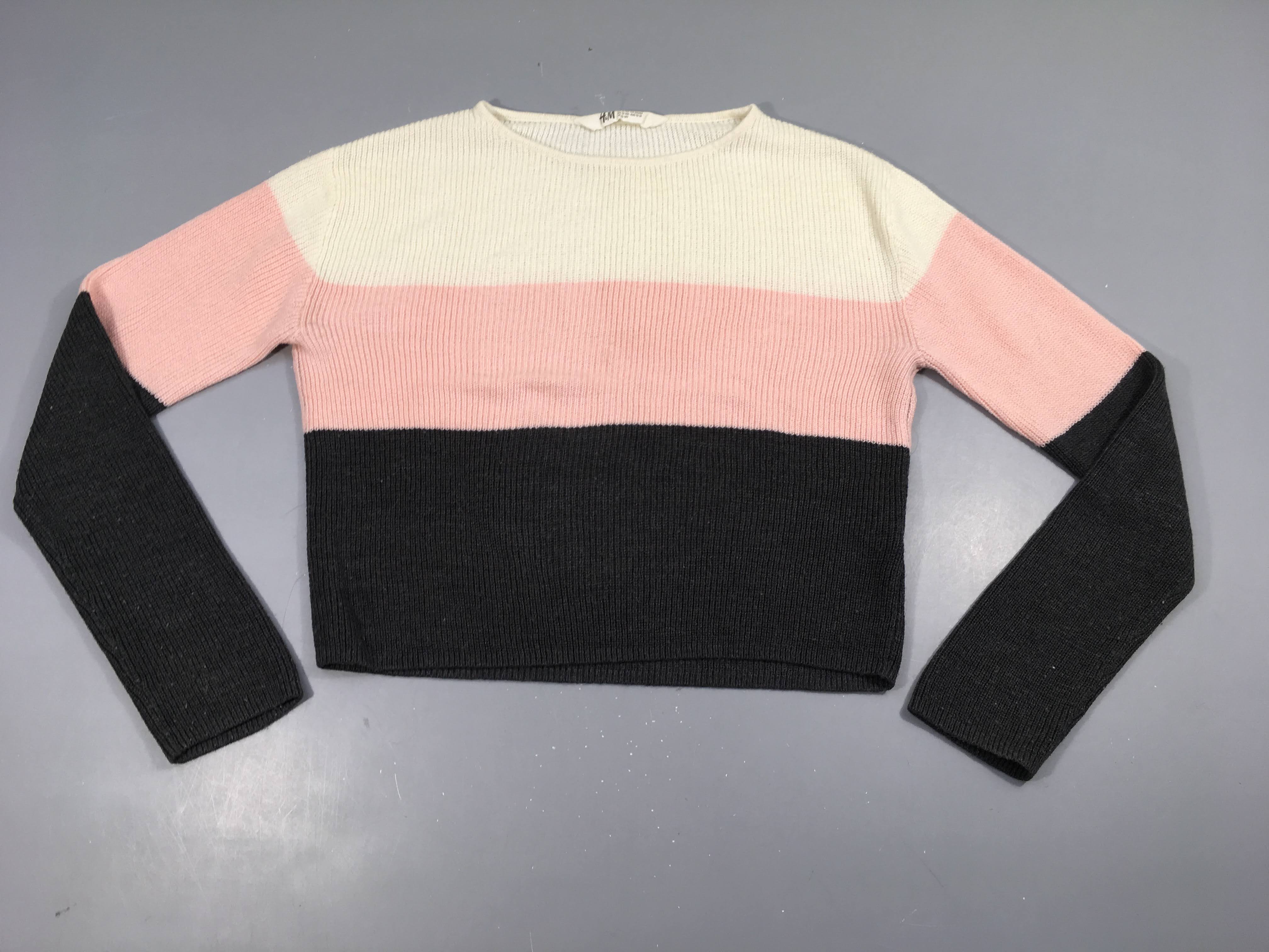 Pull court blanc/rose/gris, très légèrement bouloché