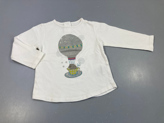 T-shirt m.l blanc hérisson dans une montgolfière  pailletée, moins cher chez Petit Kiwi