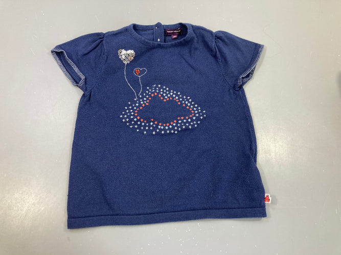 Pull s.m bleu, nuage, ballons coeurs en strass et sequins, très légèrement bouloché, moins cher chez Petit Kiwi