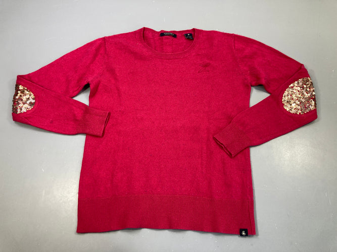 Pull rose , sequins dorés aux coudes, un peu bouloché, moins cher chez Petit Kiwi