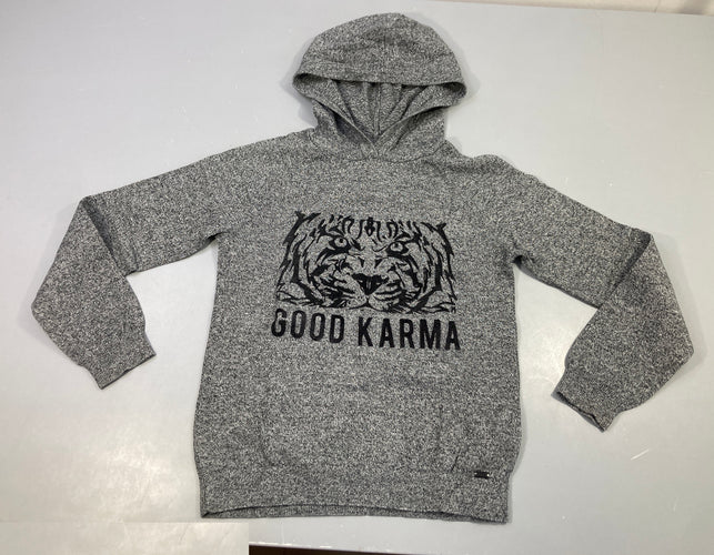 Pull gris chiné à capuche tigre good karma, moins cher chez Petit Kiwi