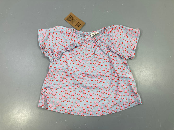 NEUF blouse m.c bleu/gris fleur roses, moins cher chez Petit Kiwi