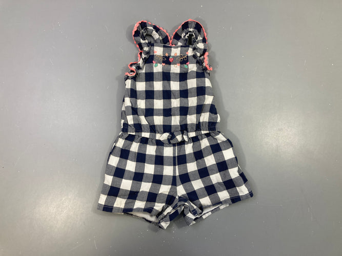 Combishort s.m carreau bleu/blanc broderies fraises, moins cher chez Petit Kiwi