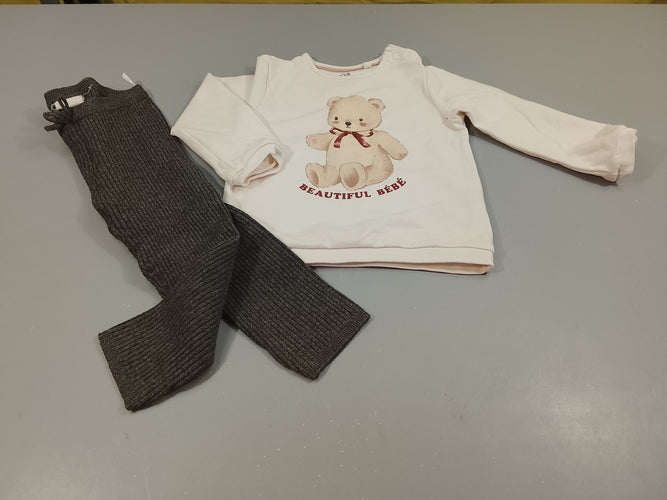 Ensemble sweat blanc ourson "Beautiful bébé" + Legging gris texturé, moins cher chez Petit Kiwi