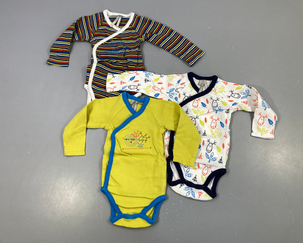 3 Bodies m.l croisés devant vert/blanc/rayé, moins cher chez Petit Kiwi