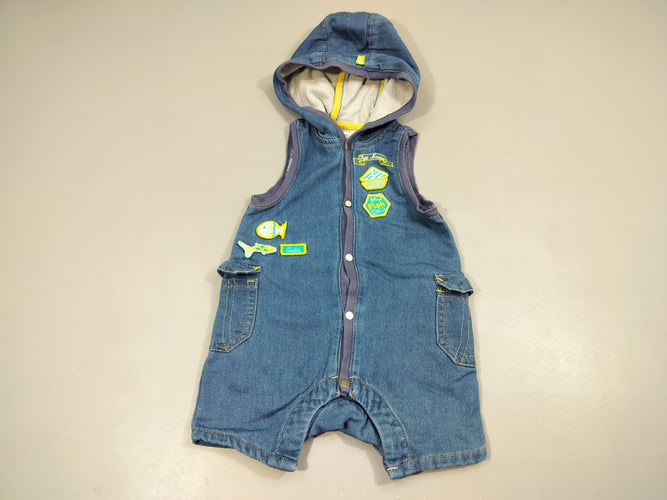 Combishort denim  s.m à capuche , écussons poissons, bâteau,..., moins cher chez Petit Kiwi