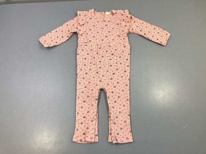 Combinaison côtelée rose clair fleuri bleu  froufrou, moins cher chez Petit Kiwi