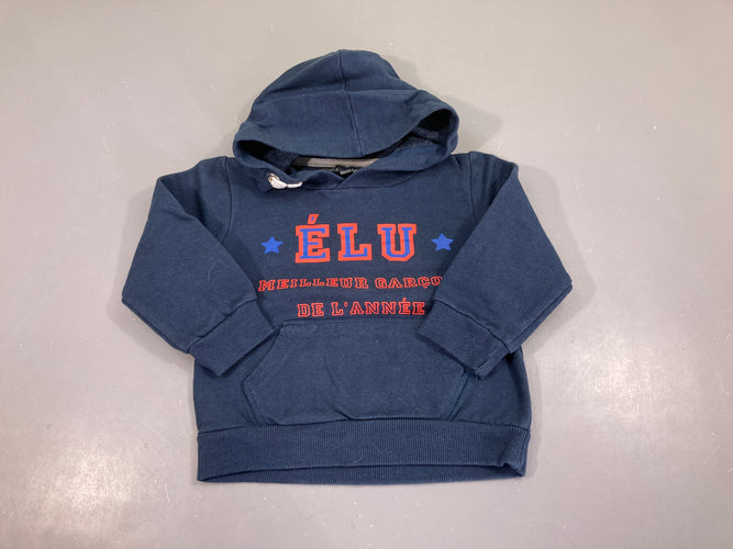 Sweat bleu foncé à capuche Elu meilleur garçon, légèrement bouloché, moins cher chez Petit Kiwi