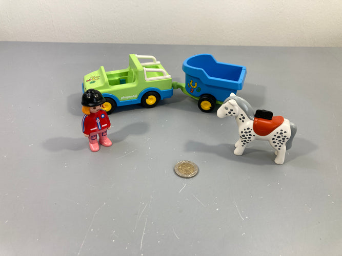 Playmobil 1.2.3. 6958 Véhicule avec remorque à cheval, manque carottes, moins cher chez Petit Kiwi