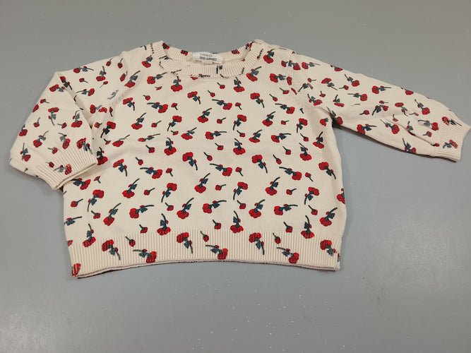 Pull crème, fleurs rouges, moins cher chez Petit Kiwi