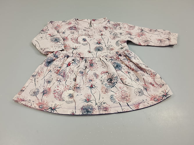 Robe m.l molleton rose flammé, motifs pissenlits. Légèrement boulochée, moins cher chez Petit Kiwi