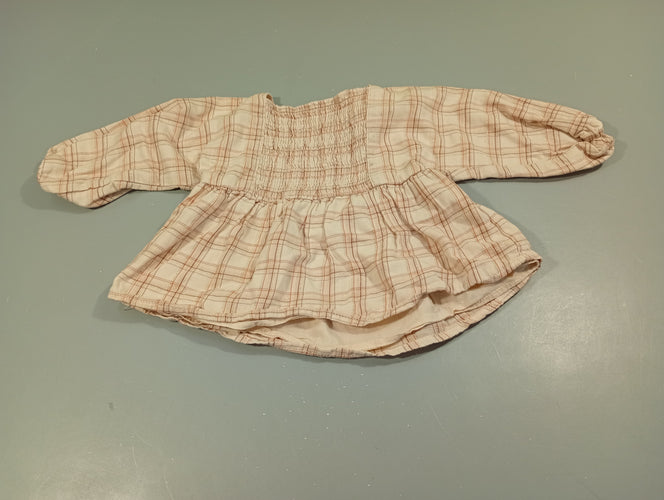 Blouse m.l blanche  à carreaux rose, brun, fils dorés, moins cher chez Petit Kiwi