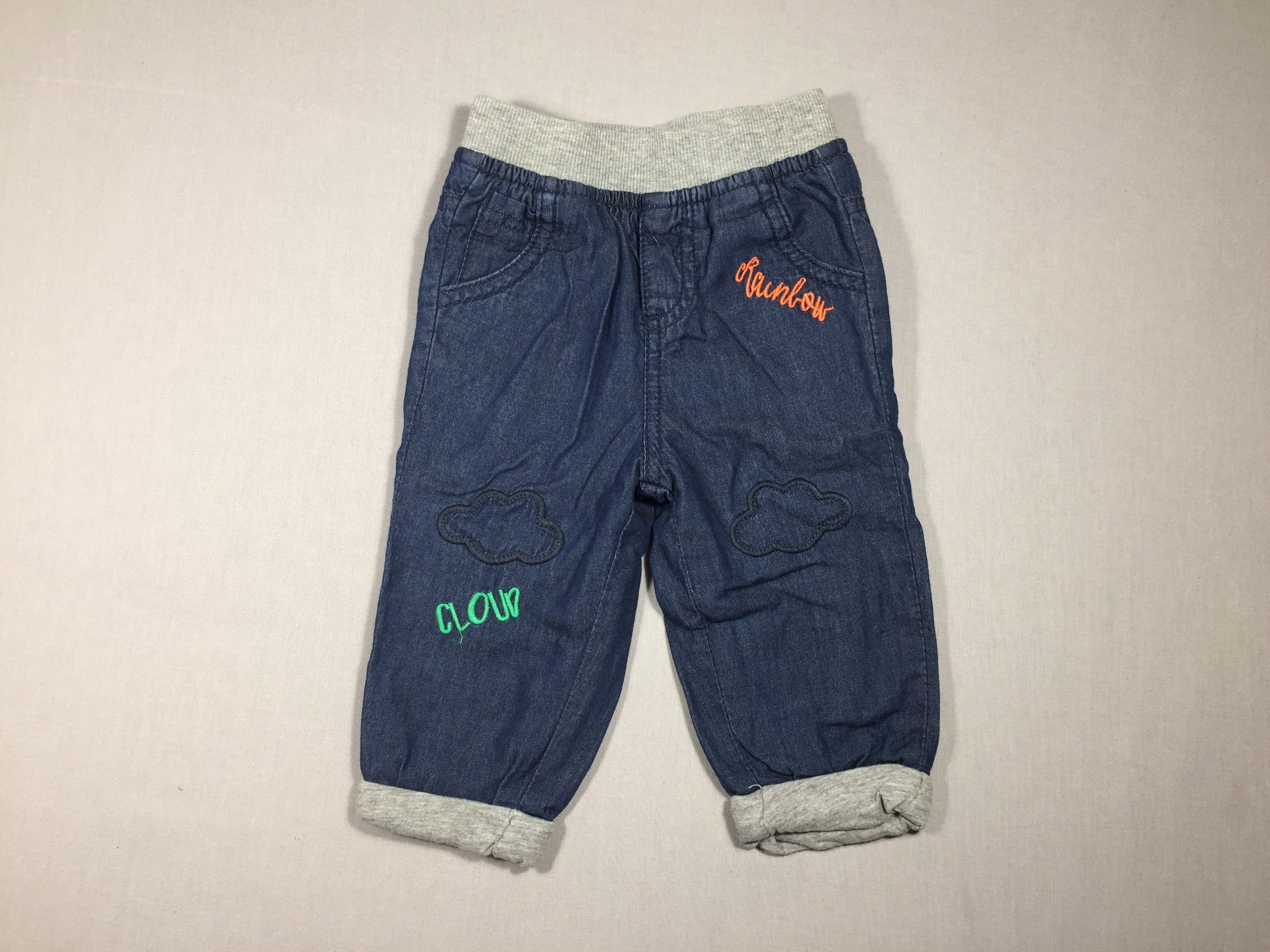 Pantalon jeans doublé jersey gris - revers - écritures